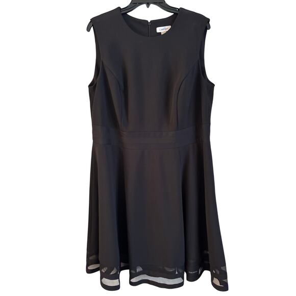 Calvin Klein Black Sleeveless Fit n Flare Cocktail Dress 14W Mesh Band Back Zip - Picture 1 of 7
